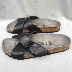 New Birkenstock Siena Metallic Gray Leather Slides